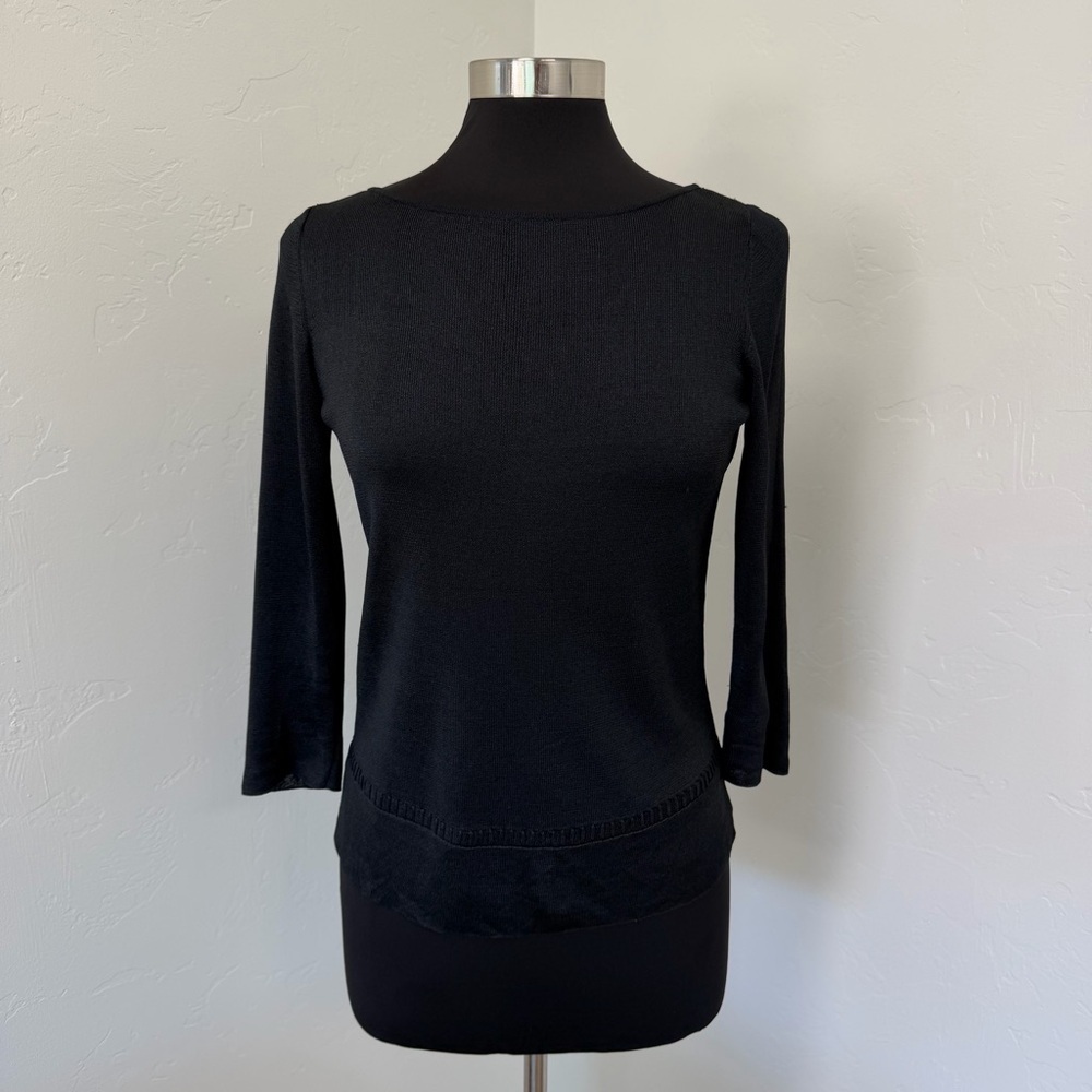 Saks Fifth Avenue Black Silk Boat Neck 3/4 Sleeves Knit Top Size S